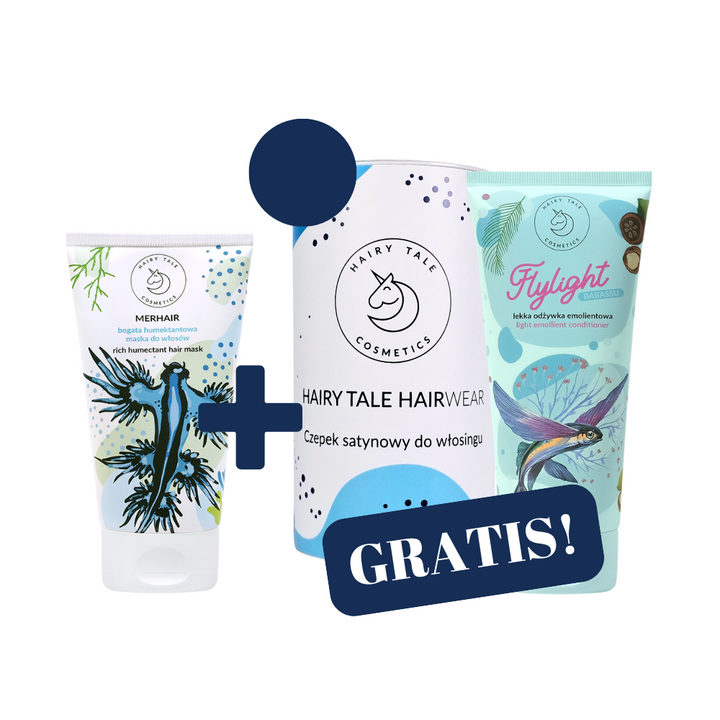 ZESTAW HAIRY TALE COSMETICS Merhair 150 ml + HAIRWEAR granatowy czepek satynowy do WŁOSINGu i Flylight Babassu 200ml GRATIS