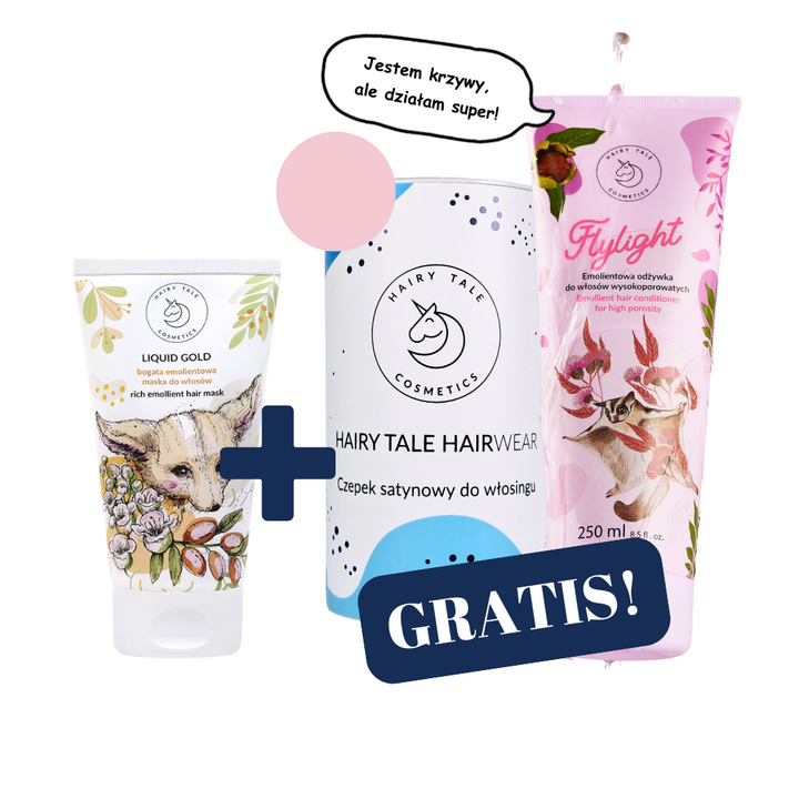 ZESTAW HAIRY TALE COSMETICS Liquid Gold 150 ml + HAIRWEAR różowy czepek satynowy do WŁOSINGu i Flylight emolientowa odżywka do włosów wysokoporowatych 250ml GRATIS
