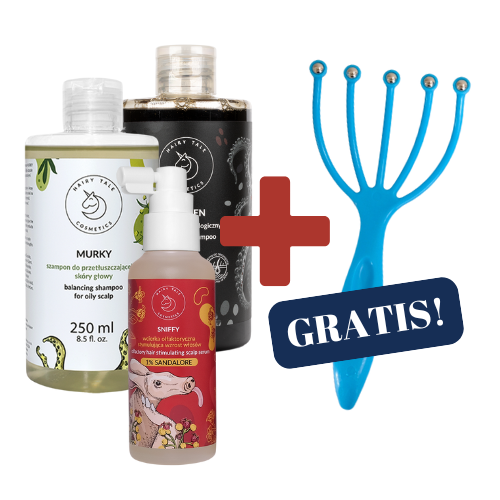 ZESTAW HAIRY TALE COSMETICS KRAKEN szampon trychologiczny, MURKY szampon regulujący, SNIFFY wcierka olfaktoryczna + GRABKI GRATIS