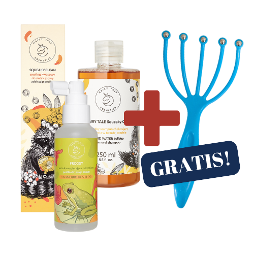 ZESTAW HAIRY TALE COSMETICS Squeaky Szampon i Peeling, Froggy wcierka + Grabki GRATIS