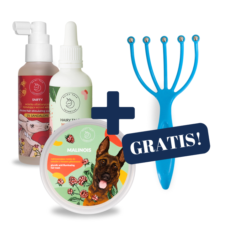 ZESTAW HAIRY TALE  Malinois maska 200ml + Malinois serum 50ml + Sniffy - Wcierka olfaktoryczna stymulująca wzrost włosów 120ml + Masażer Grabki GRATIS